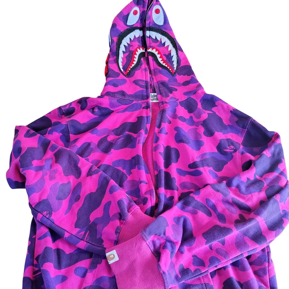 A Bathing Ape BAPE Color Camo Shark Full Zip Hoodie Pink Purple XL broken zipper
